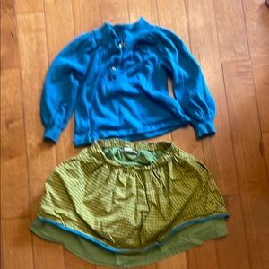 Tea Collection Yellow and Blue Patterned Skirt and Blue Button-up Cardigan.